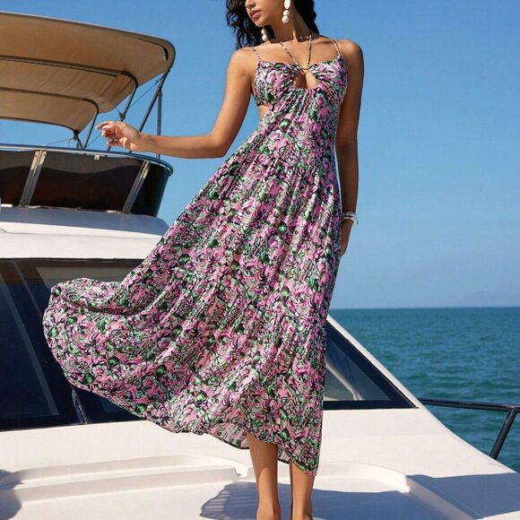 Boho Women's Plant Pattern Print Backless Spaghetti Strap Dress - Picture 1 of 6